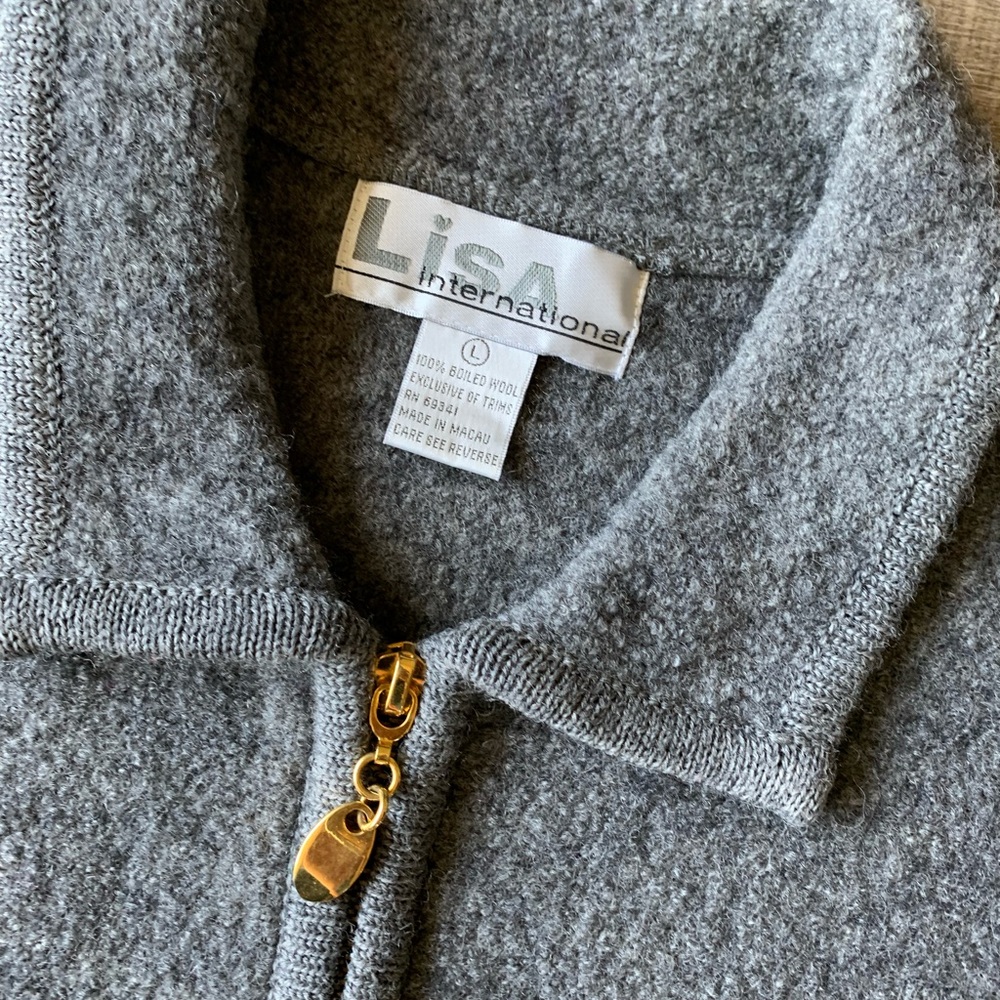 Vtg women’s 100% Boiled Wool Cardigan Large Zip Up Pockets Gray LUXURY EXCELLENT - Picture 2 of 7